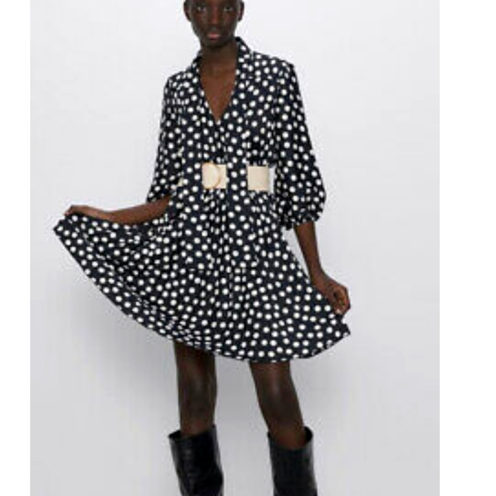 Zara pleated polka dress with faux leather belt